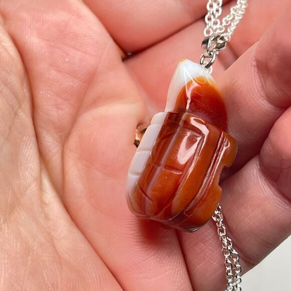 Carnelian banded agate turtle carving pendant necklace silver plated crystal - Picture 7 of 8